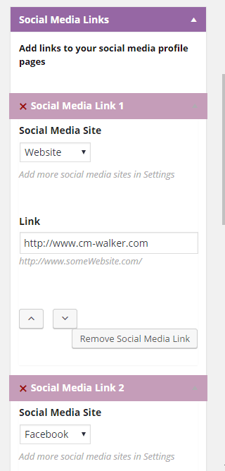 screenshot of author options to add multiple social media links. Choose the site name and enter the link.