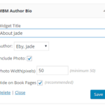 screenshot of Author Bio Widget options: Title, Author to display, Whether to include photo, Photo width, and whether to show on book pages